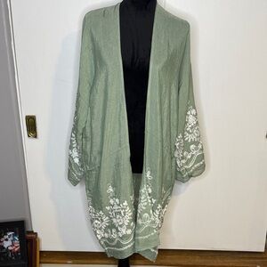 Green Kimono with White Floral Embroidery One Size, boho, light weight, olive